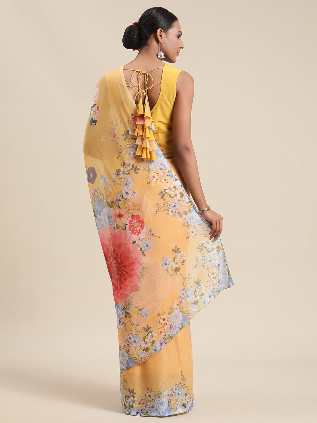 Yellow & Red Floral Printed Saree