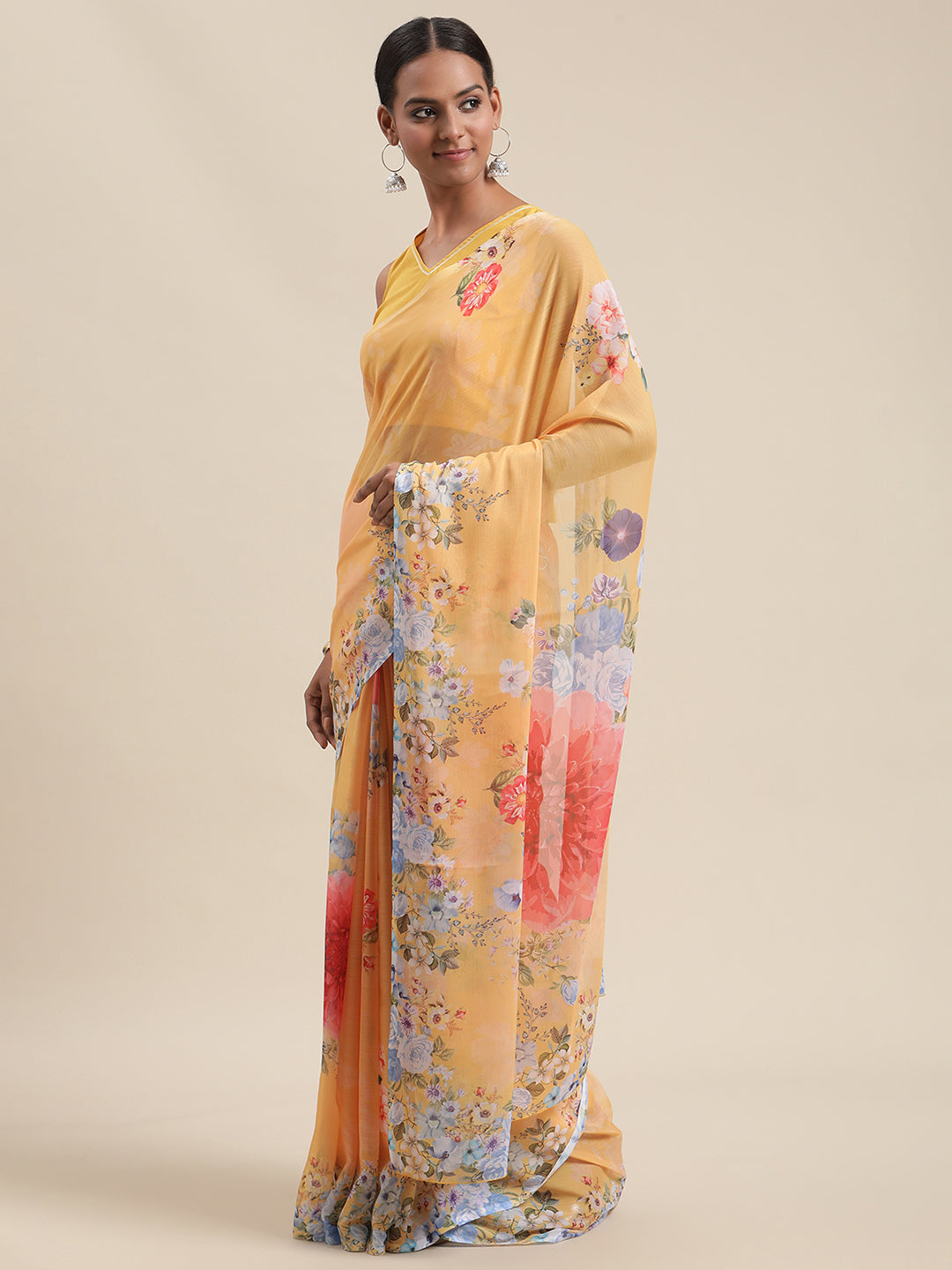 Yellow & Red Floral Printed Saree