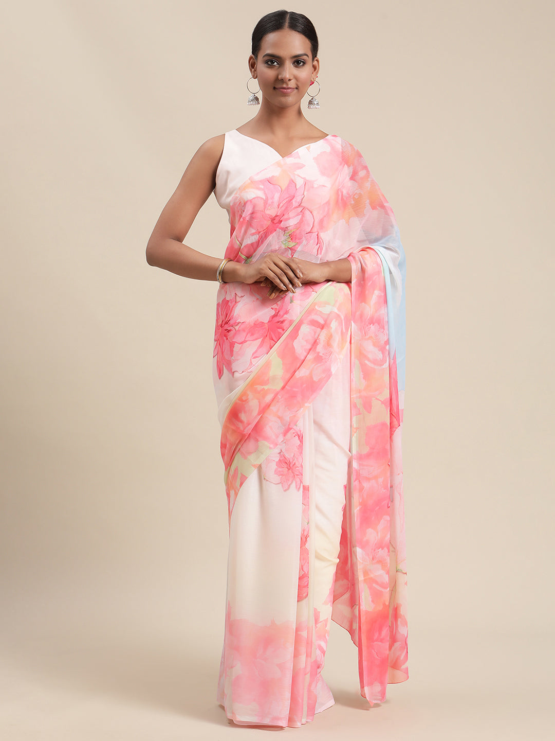 Pink & Yellow Floral Printed Saree