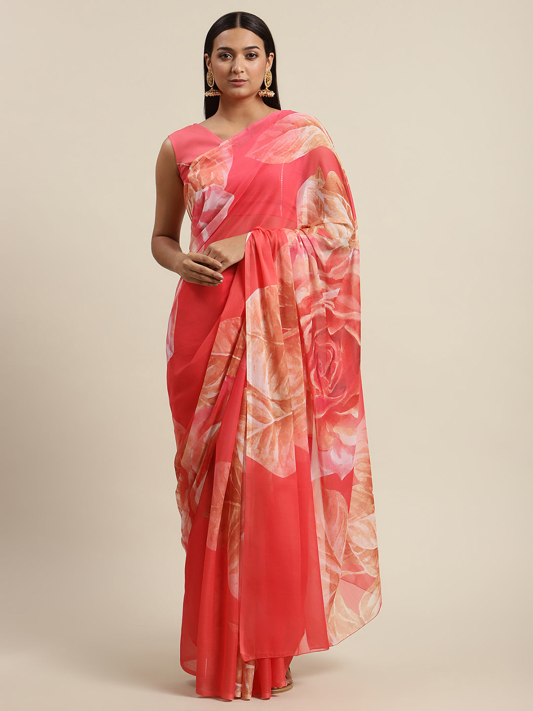 Pink & Orange Floral Print Saree