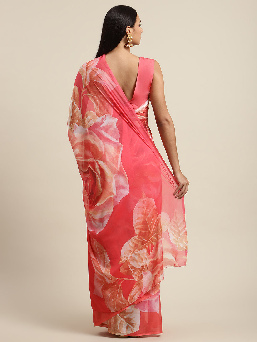 Pink & Orange Floral Print Saree