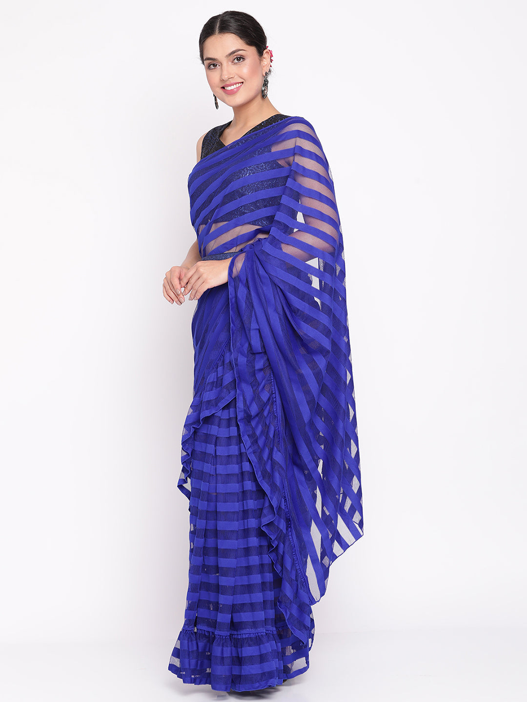 Blue & Black Striped Net Ready to Wear Saree Set