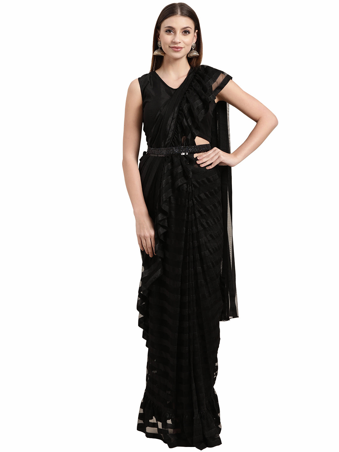 Black Self-Striped Ruffled Ready to Wear Saree