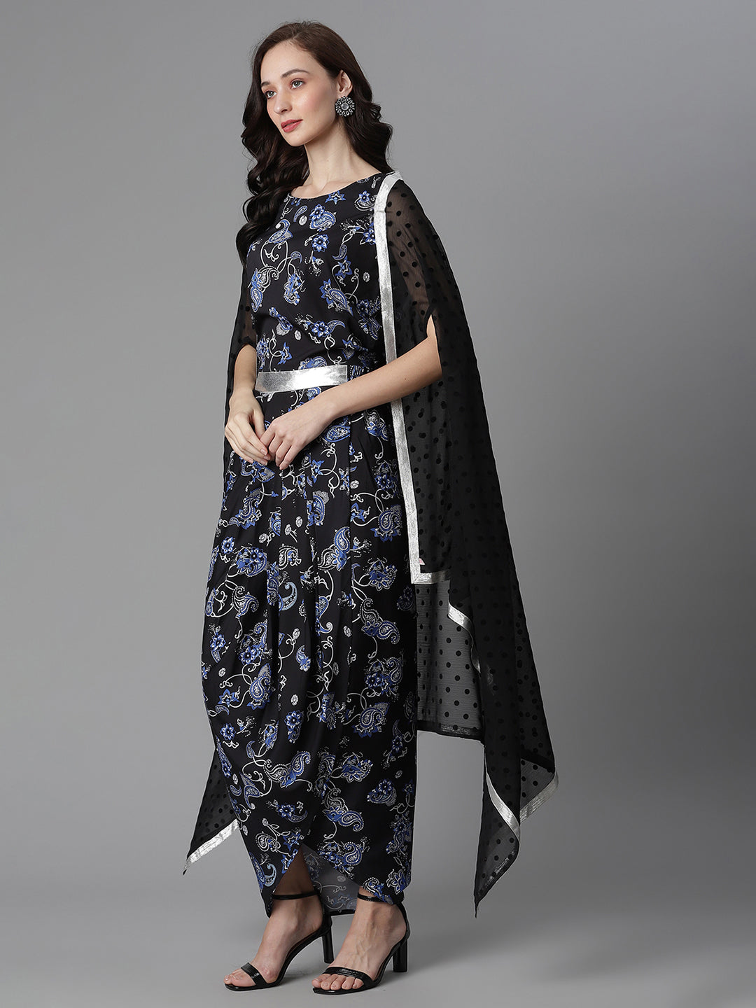 Black Digital Print Top Skirt With Shrug