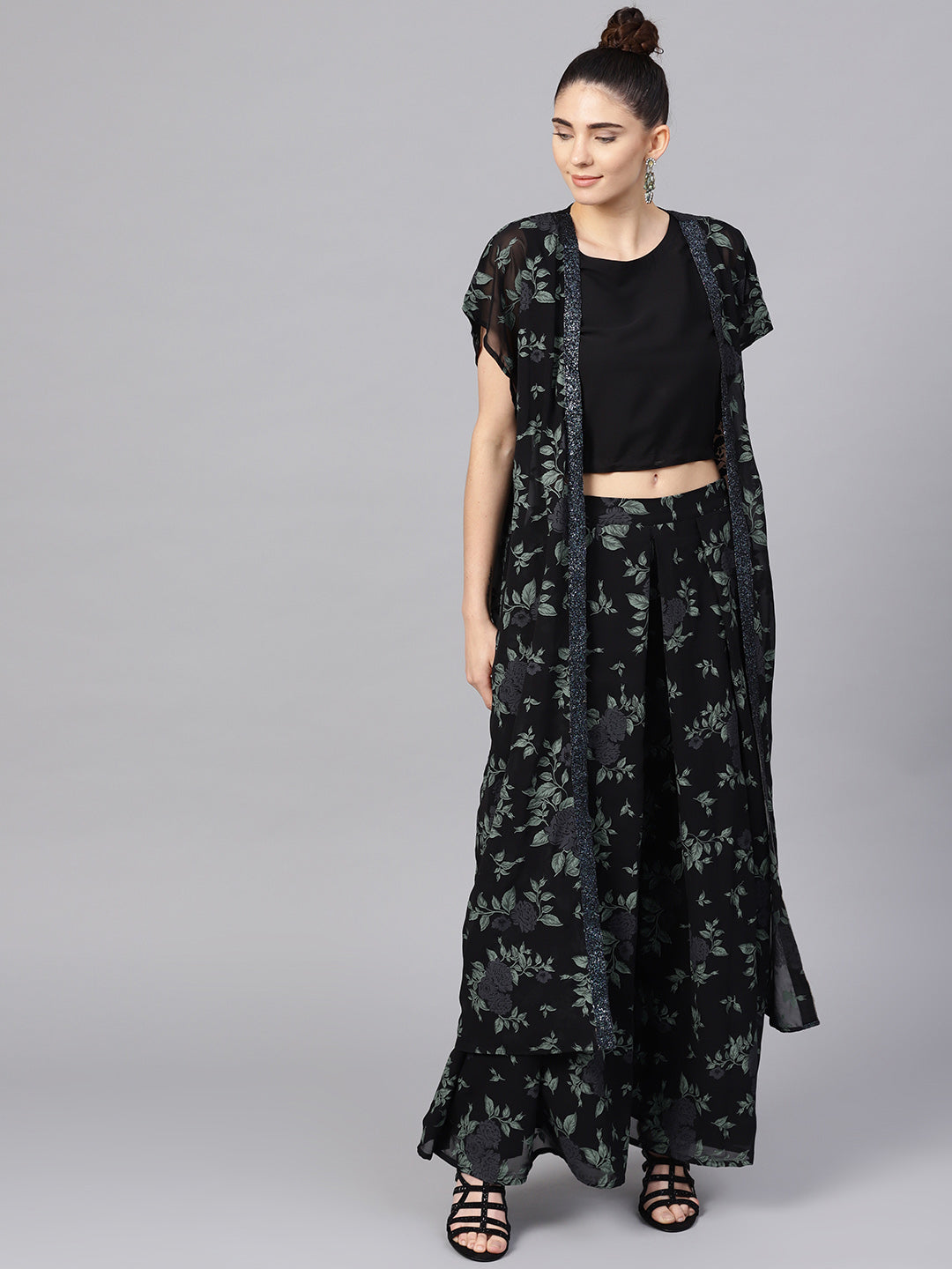 Black Top & Palazzo Set with Printed Shrug