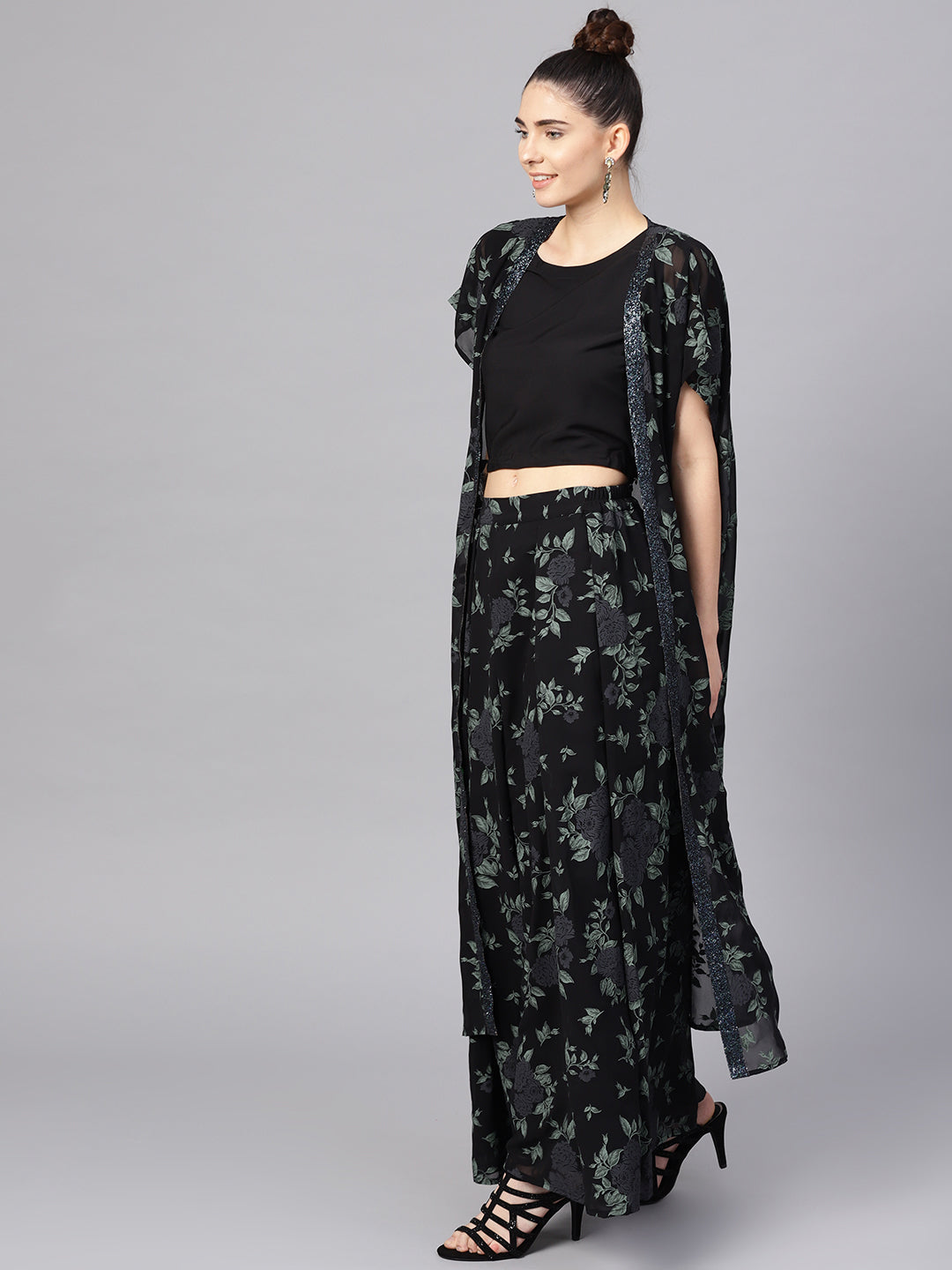 Black Top & Palazzo Set with Printed Shrug