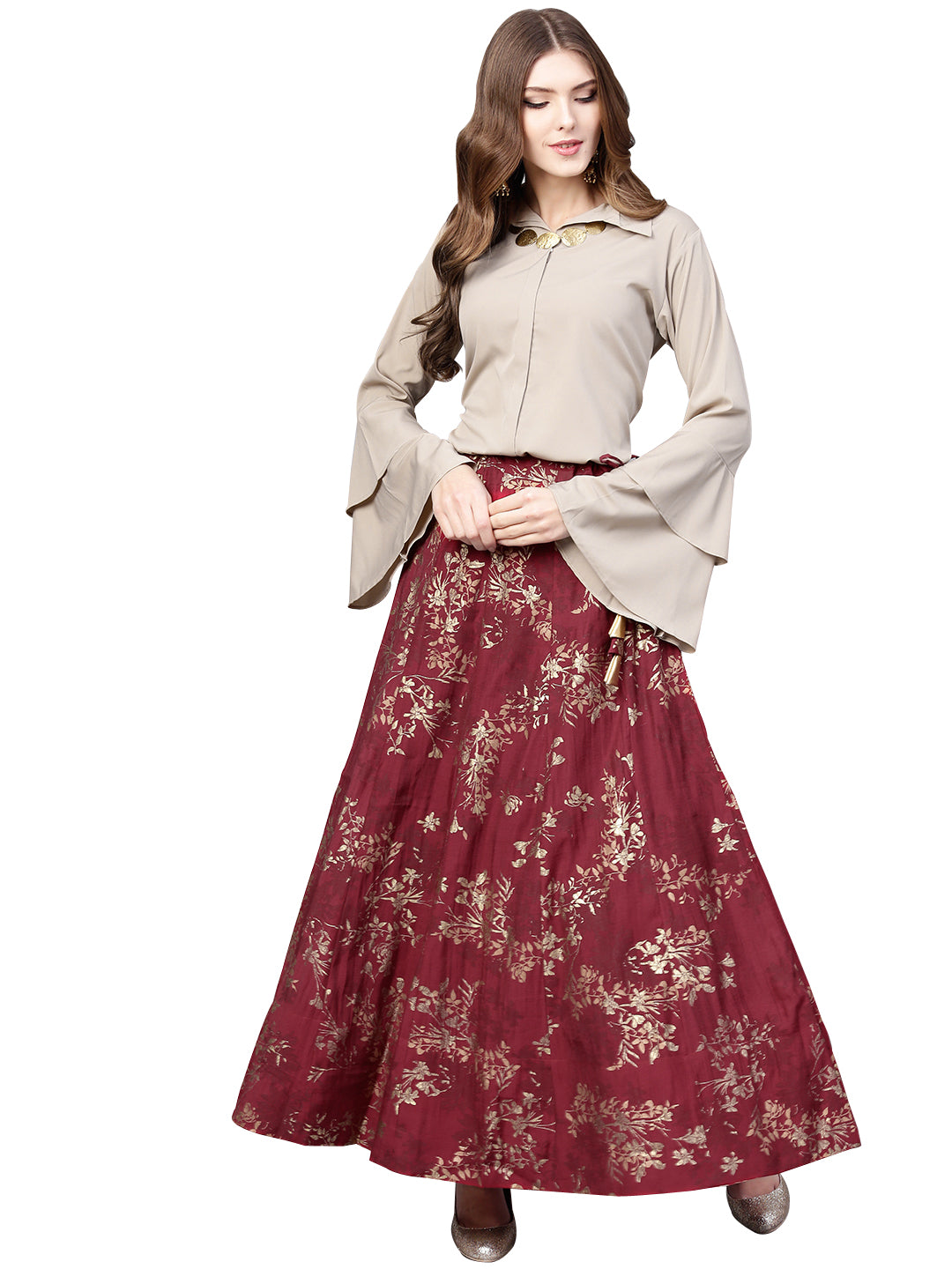 Ahalyaa Indowestern  Beige & Maroon  Shirt  With Skirt Set