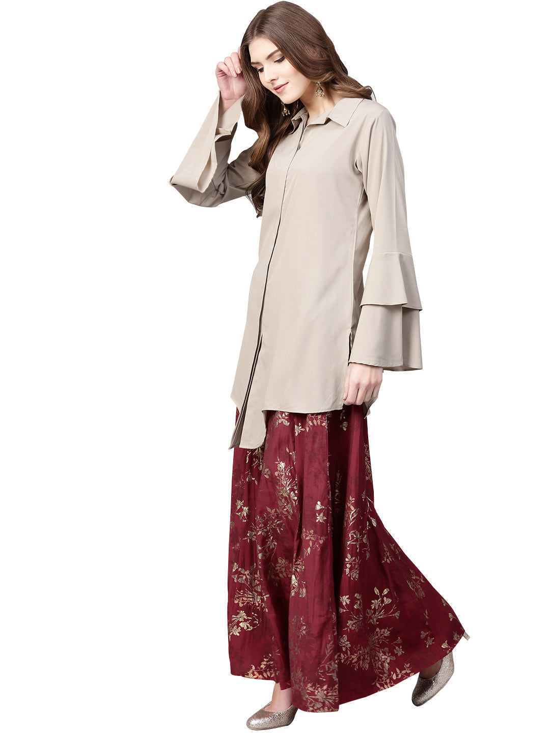 Ahalyaa Indowestern  Beige & Maroon  Shirt  With Skirt Set