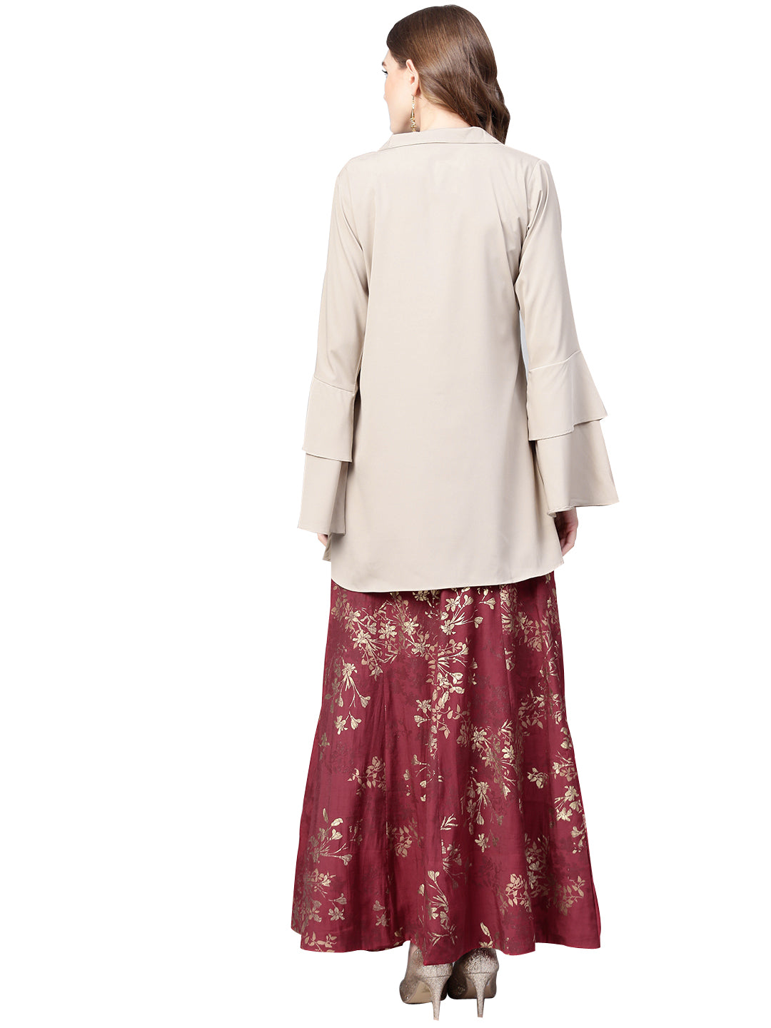 Ahalyaa Indowestern  Beige & Maroon  Shirt  With Skirt Set