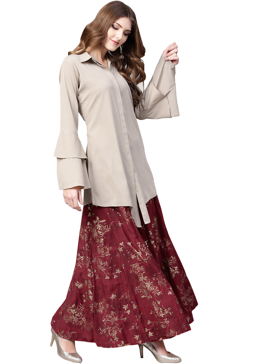 Ahalyaa Indowestern  Beige & Maroon  Shirt  With Skirt Set