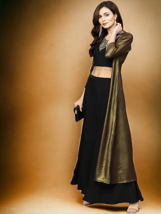Ahalyaa Black, Golden Straight Crepe, Georgette Kurta Sets-AH