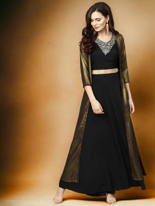 Ahalyaa Black, Golden Straight Crepe, Georgette Kurta Sets-AH