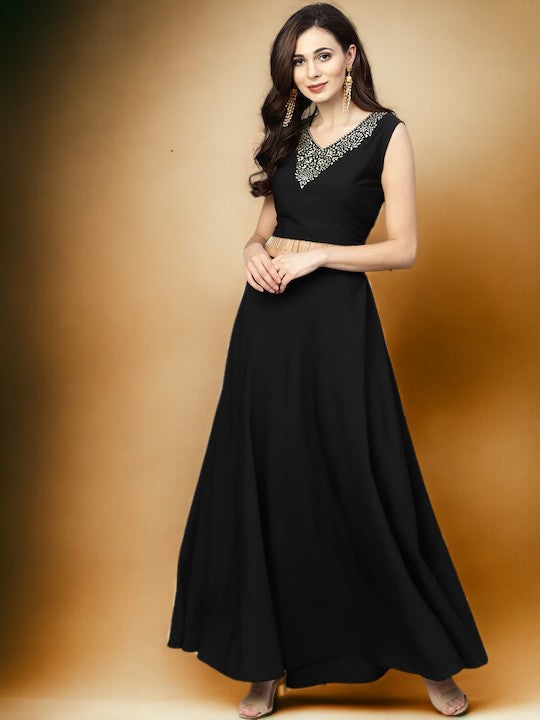 Ahalyaa Black, Golden Straight Crepe, Georgette Kurta Sets-AH