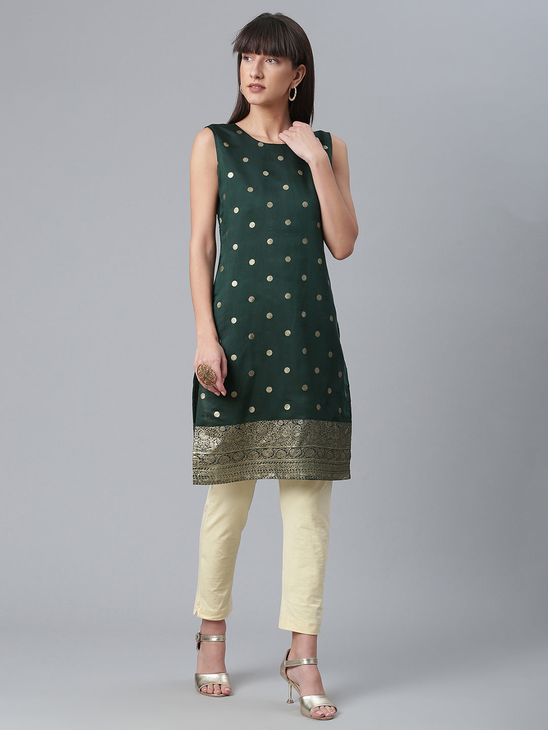 Dark Green Chanderi Gold Foil Print Tunic