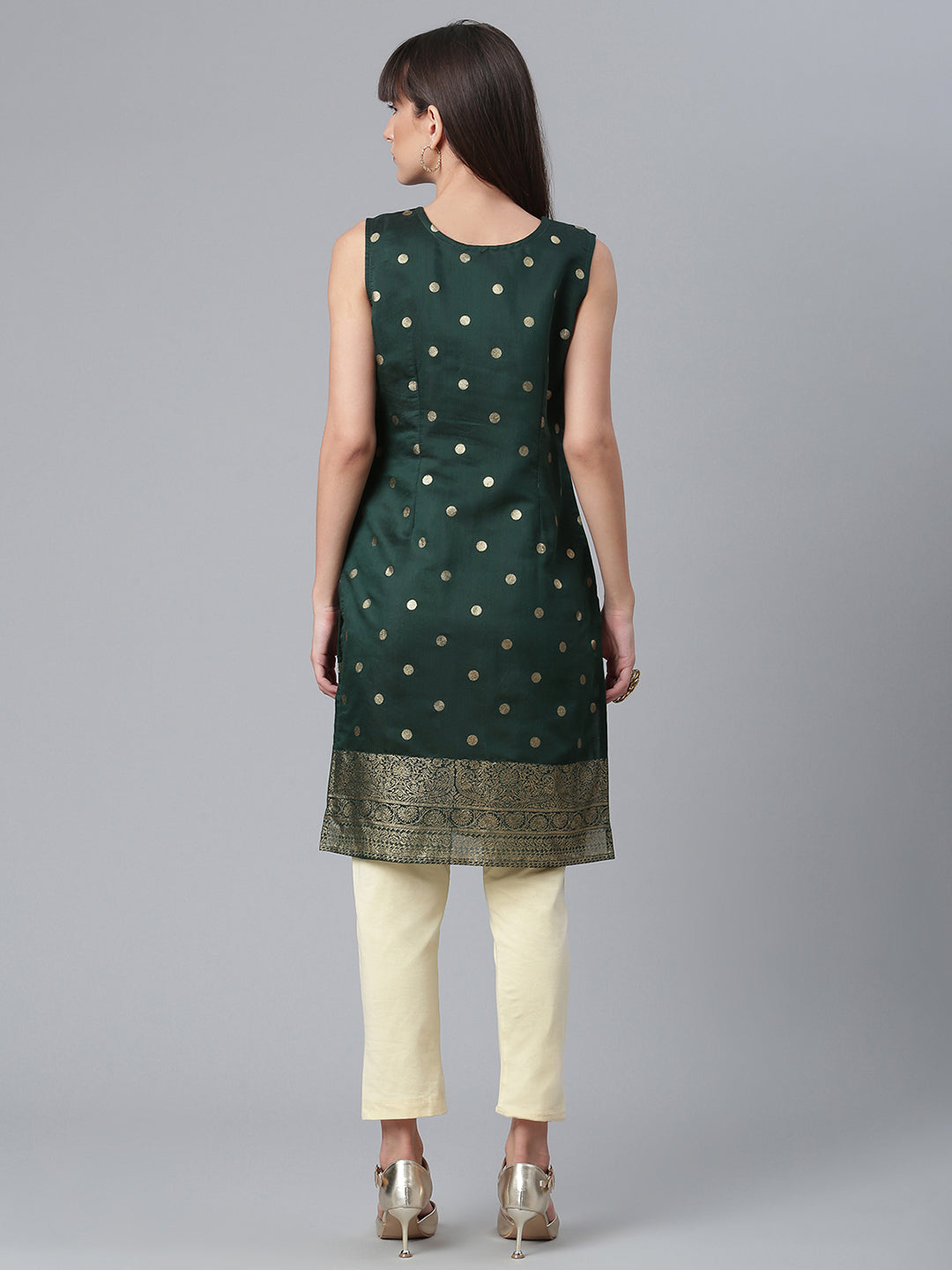 Dark Green Chanderi Gold Foil Print Tunic