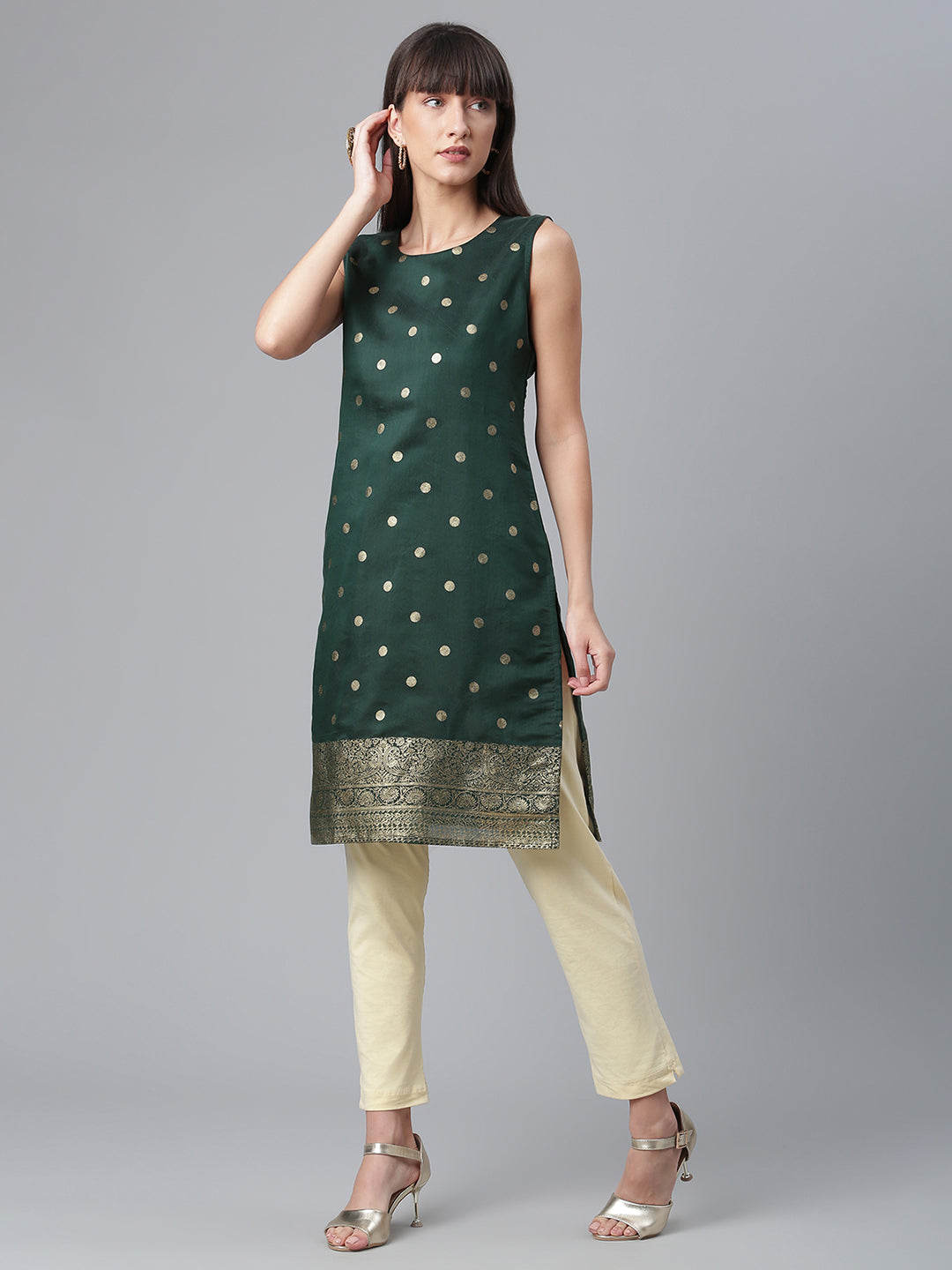 Dark Green Chanderi Gold Foil Print Tunic