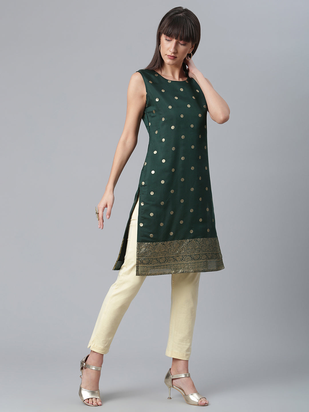 Dark Green Chanderi Gold Foil Print Tunic