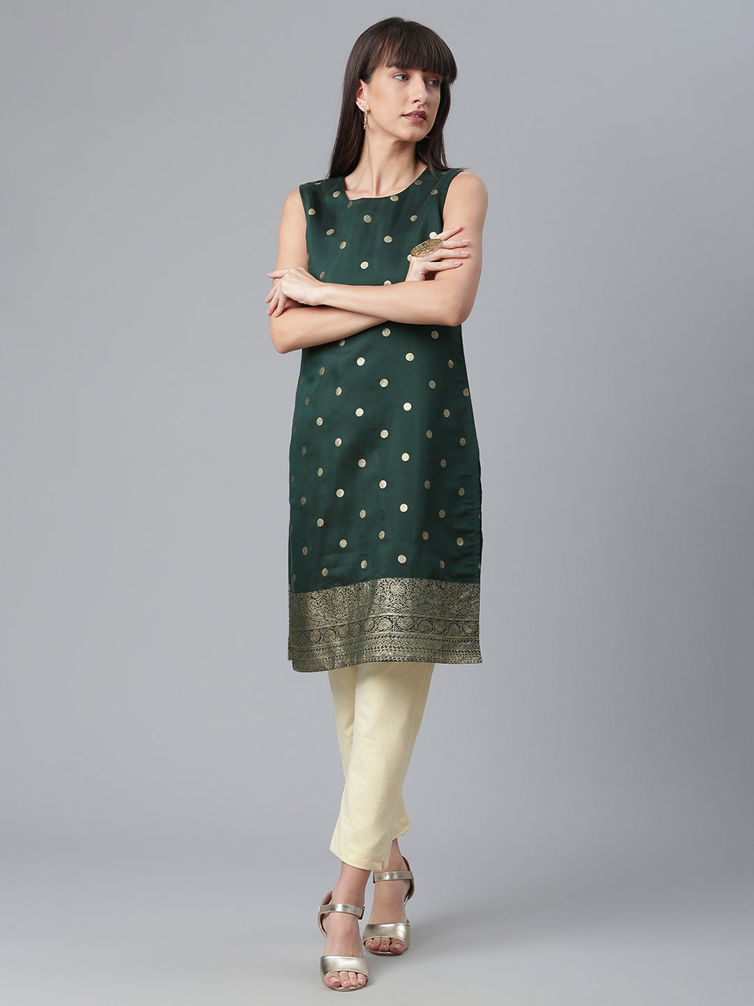 Dark Green Chanderi Gold Foil Print Tunic