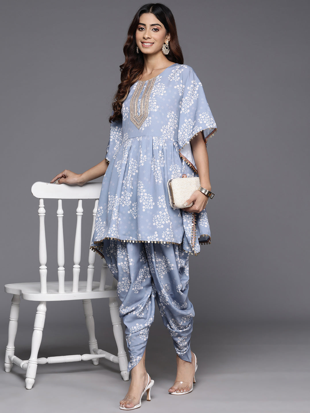 Floral Printed Sequinned Pure Cotton Kurti with Dhoti Pants