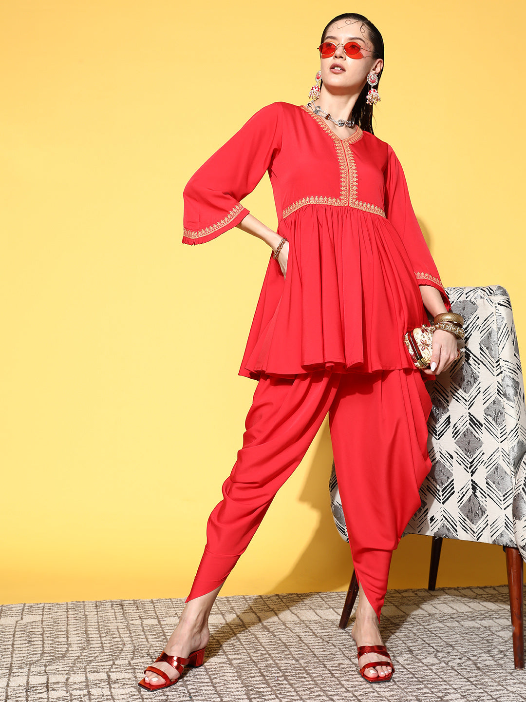 Red Pleated Gotta Patti Kurti with Dhoti Pants