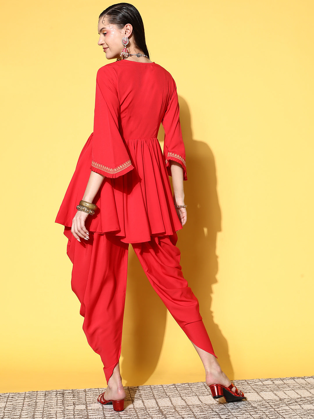 Red Pleated Gotta Patti Kurti with Dhoti Pants