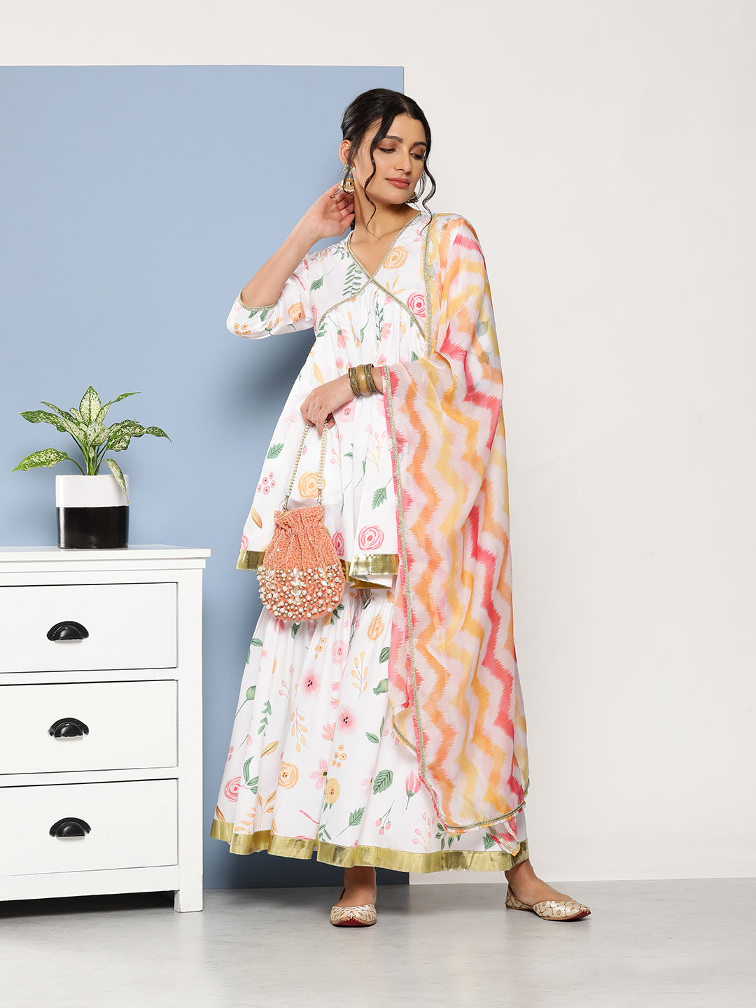 Women's White Floral Printed Pleated Sharara Set With Dupatta