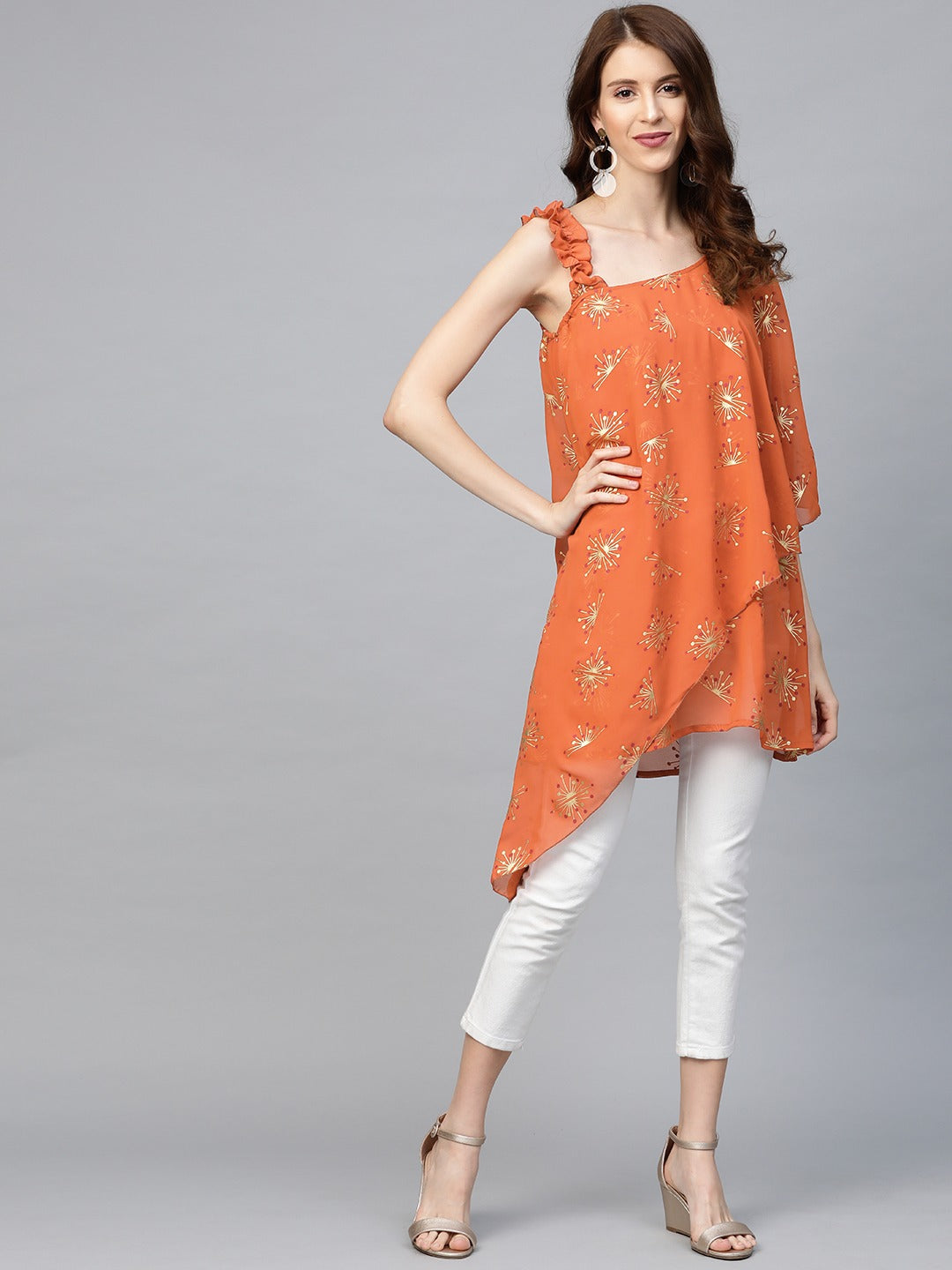 Orange Printed One Shoulder Tunic