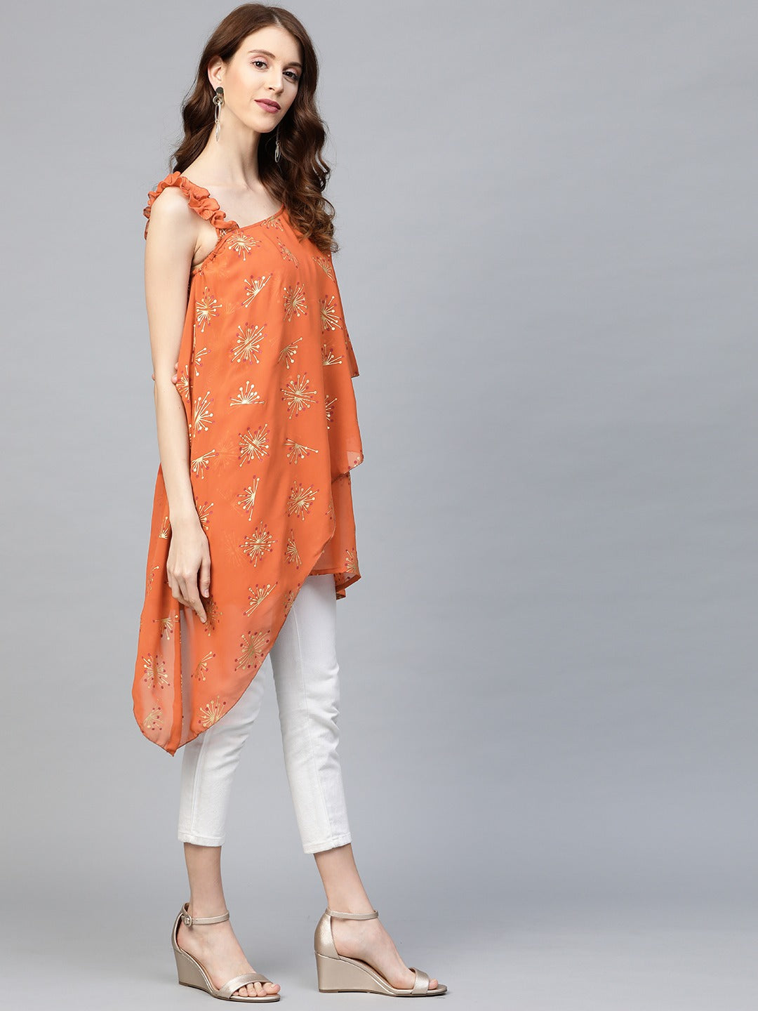 Orange Printed One Shoulder Tunic