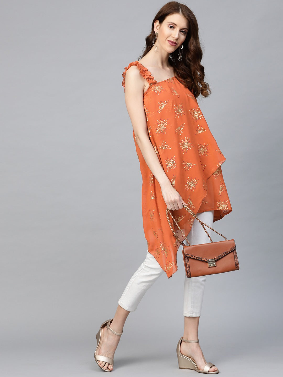 Orange Printed One Shoulder Tunic