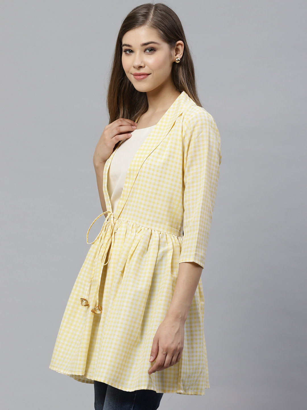 Yellow & White Checked Waist Tie-Up Tunic