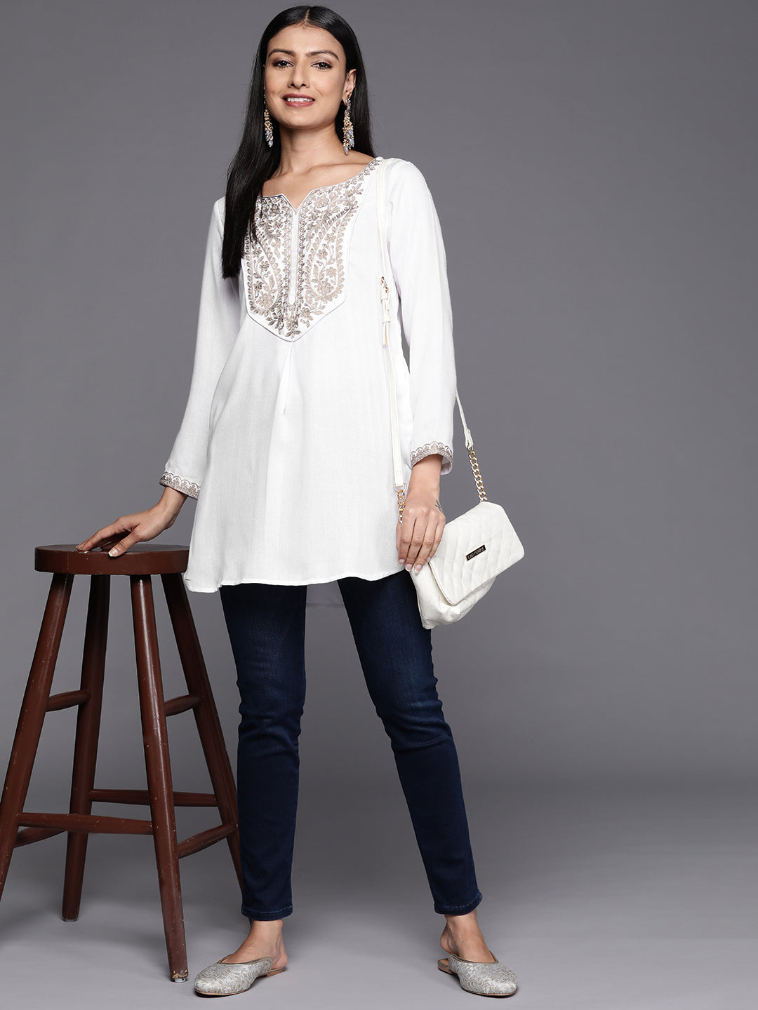 White Pashmina Embroidered Tunic