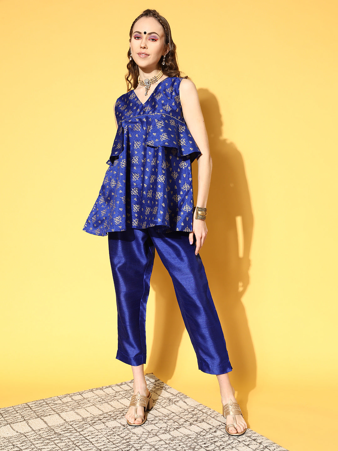 Blue Printed Silk Blend Swirling Volume Co-ord Set