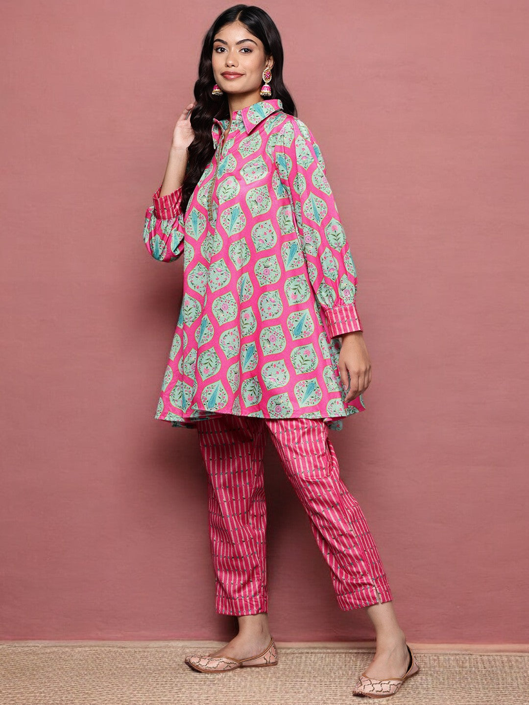 Pink & Sea Green Printed Velvet Tunic & Trousers