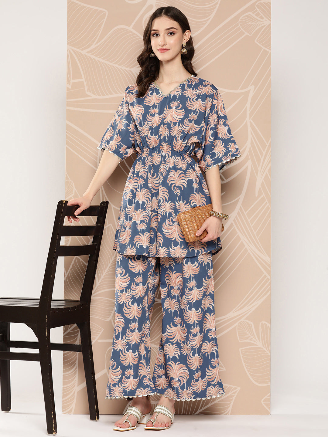 Blue Floral Printed Tunic With Palazzos