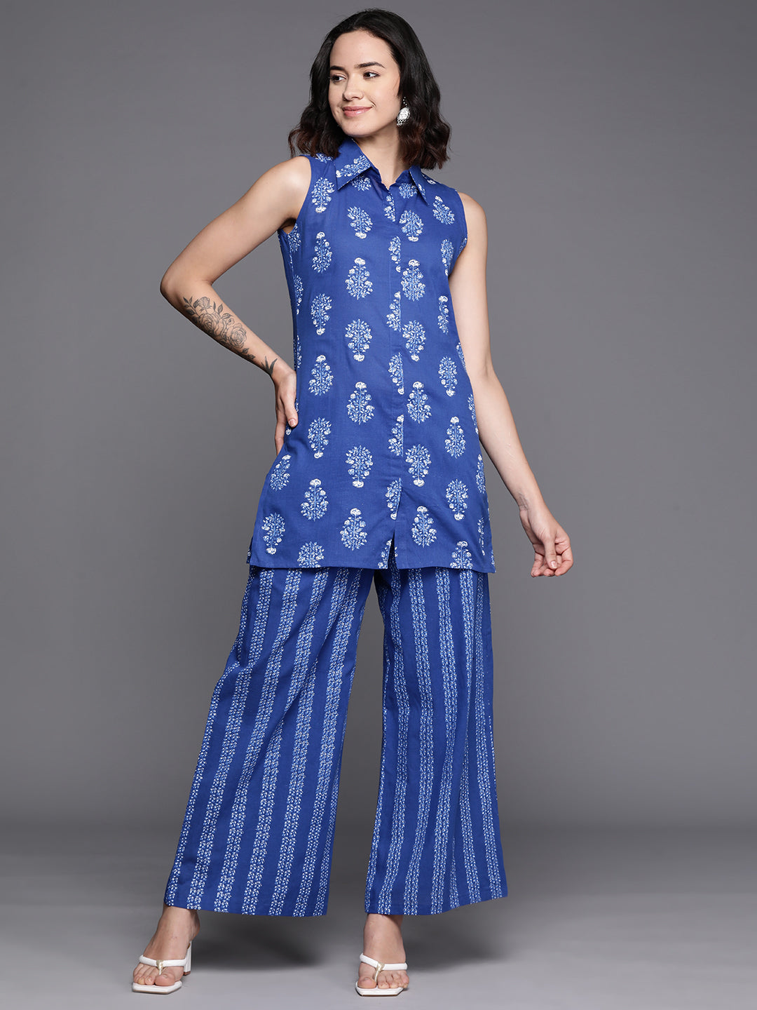 Blue Printed Pure Cotton Tunic With Palazzos