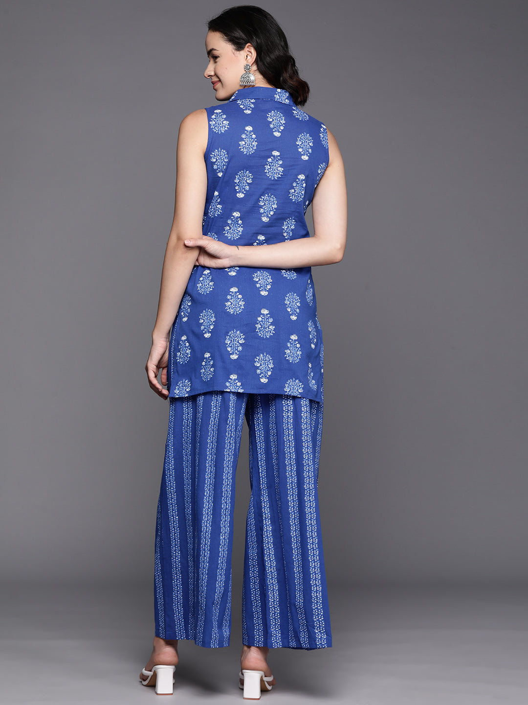 Blue Printed Pure Cotton Tunic With Palazzos