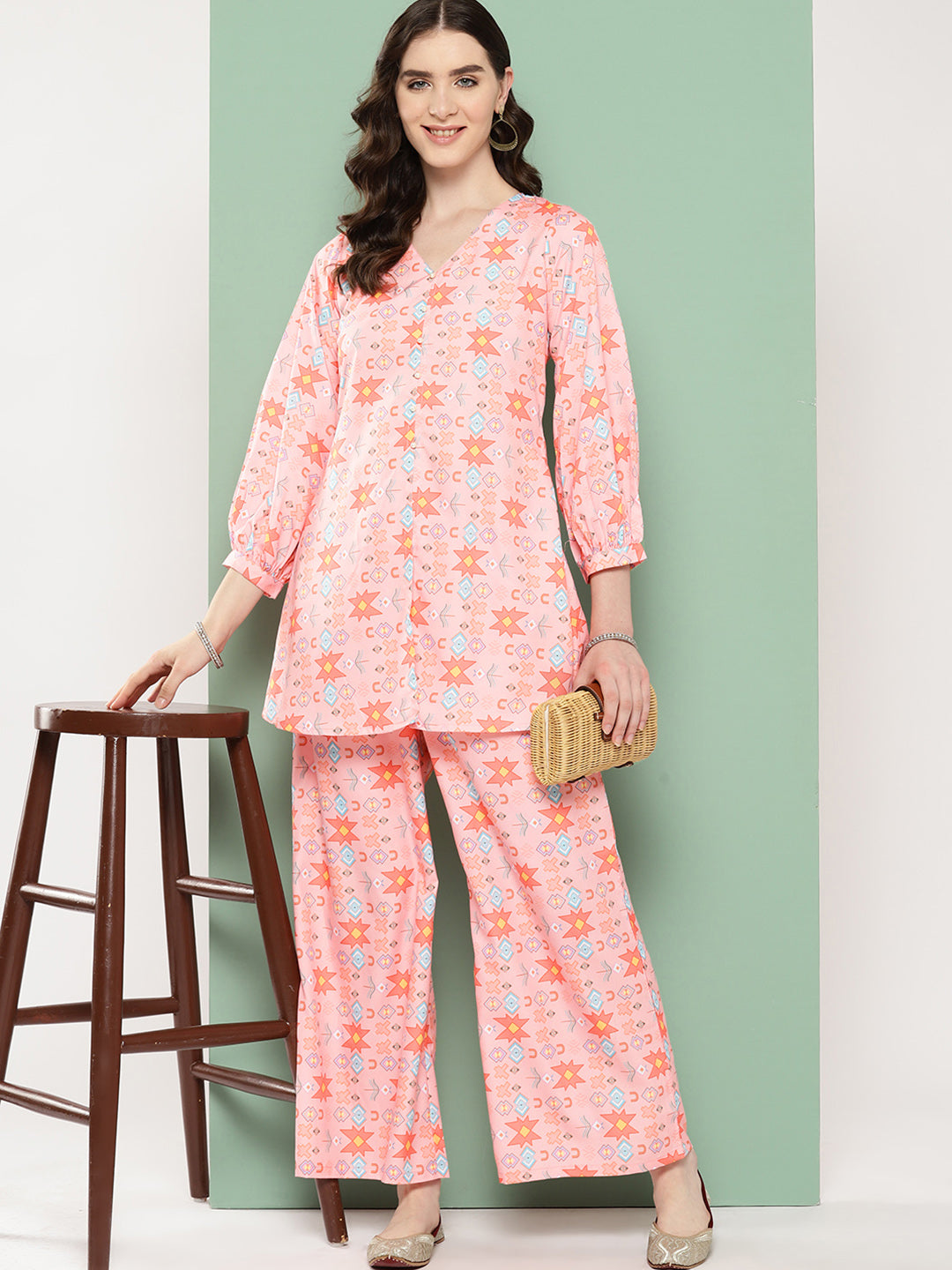 Ahalyaa Geometric Print Tunic with Palazzos Set