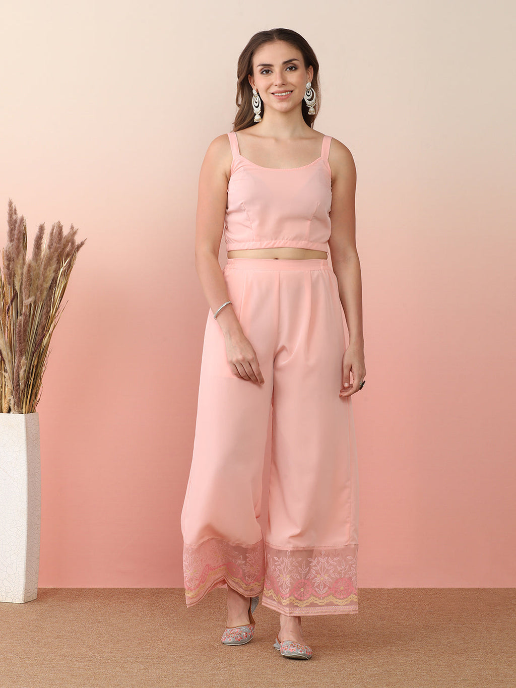 Pink Shoulder Straps Top & Palazzo With Jacket-AH