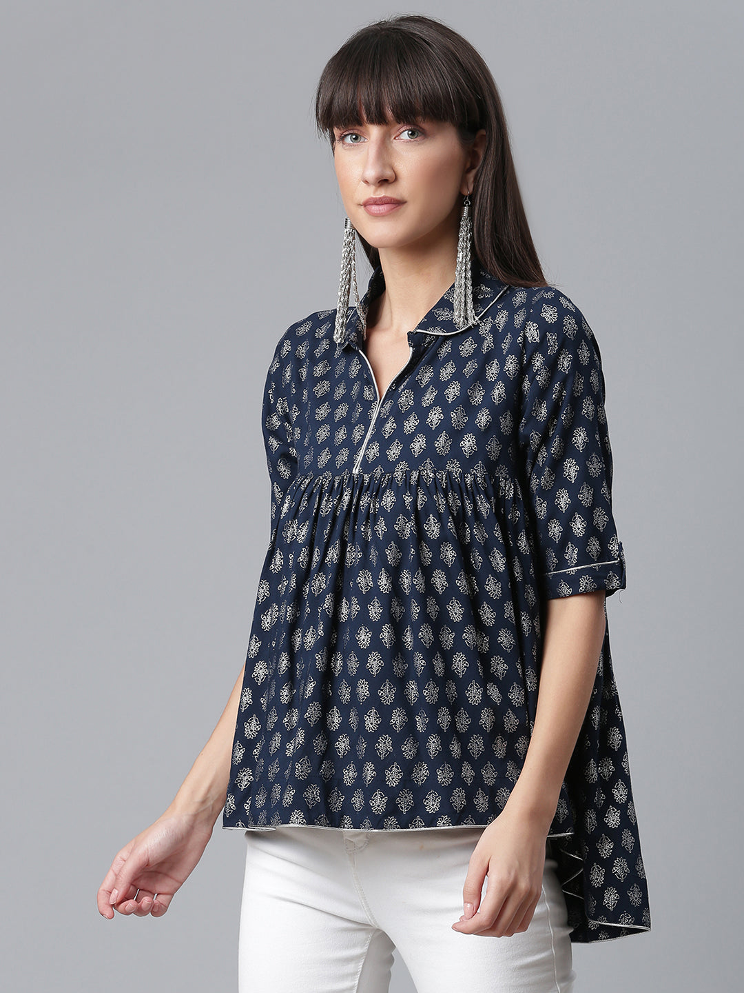 Viscose Rayon Navy Blue Foil Silver Printed Western Tunic