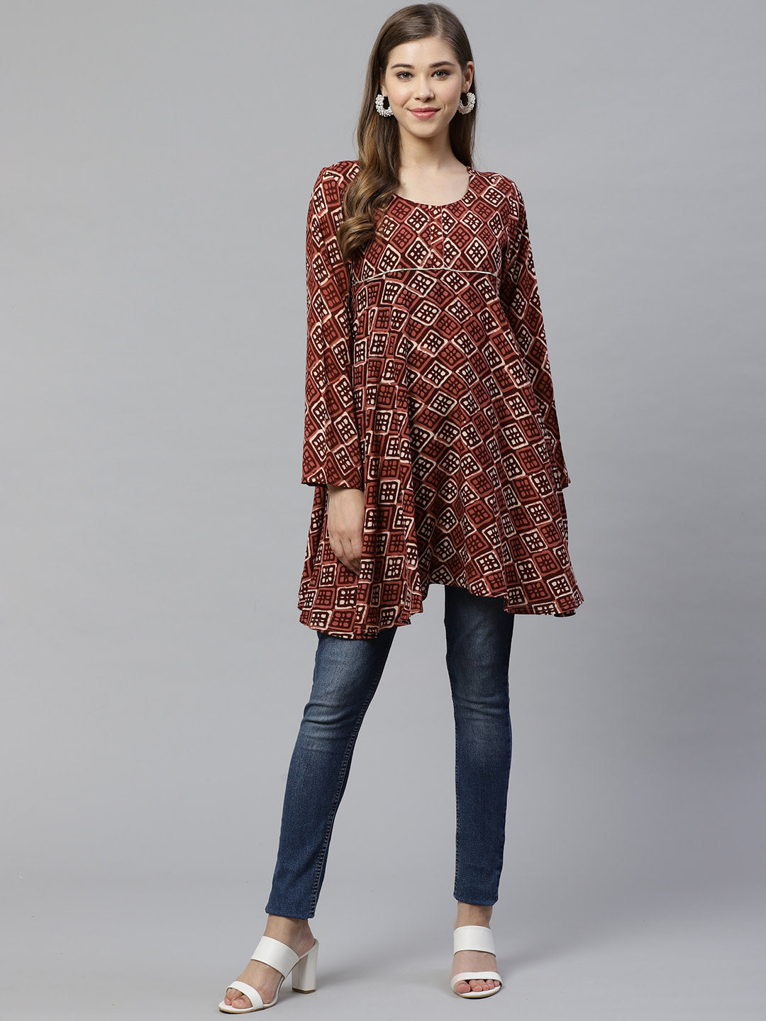 Maroon & Beige Ethnic Printed Asymmetric Tunic