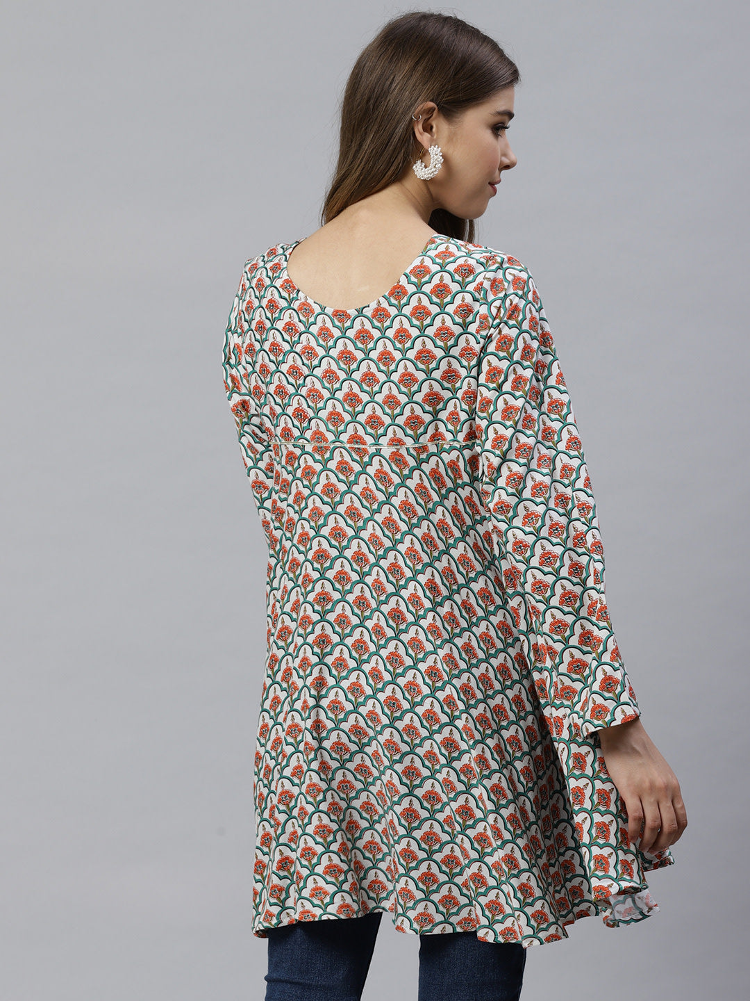 White & Teal Green Ethnic Printed Asymmetric Tunic