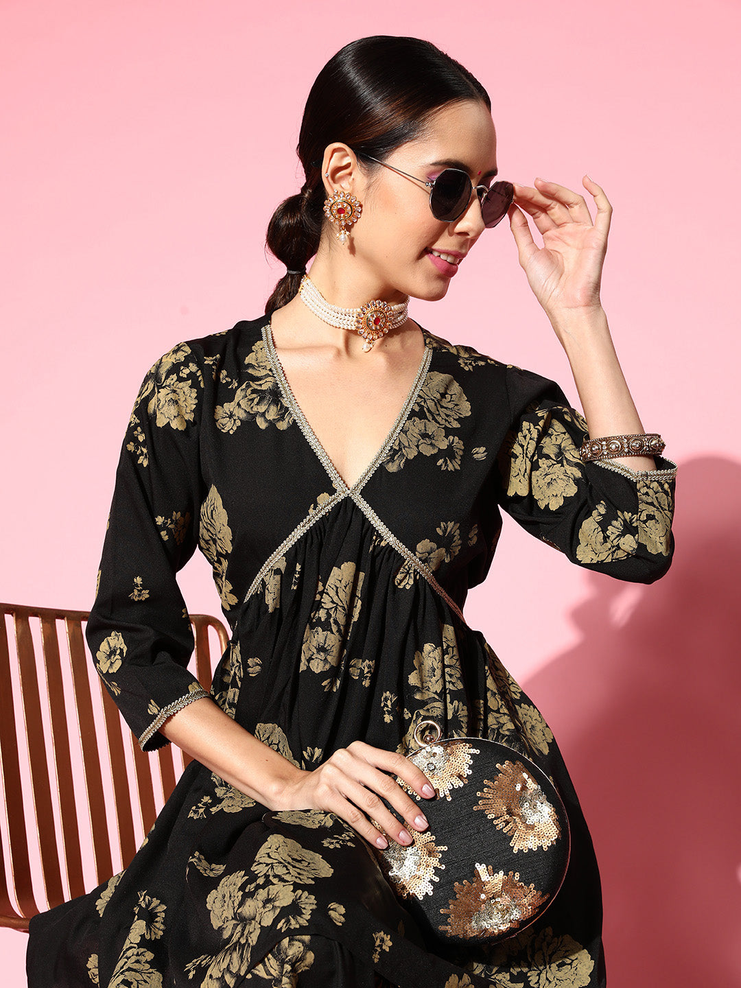 Women's Black Floral Printed Empire Gotta Patti Sharara Set