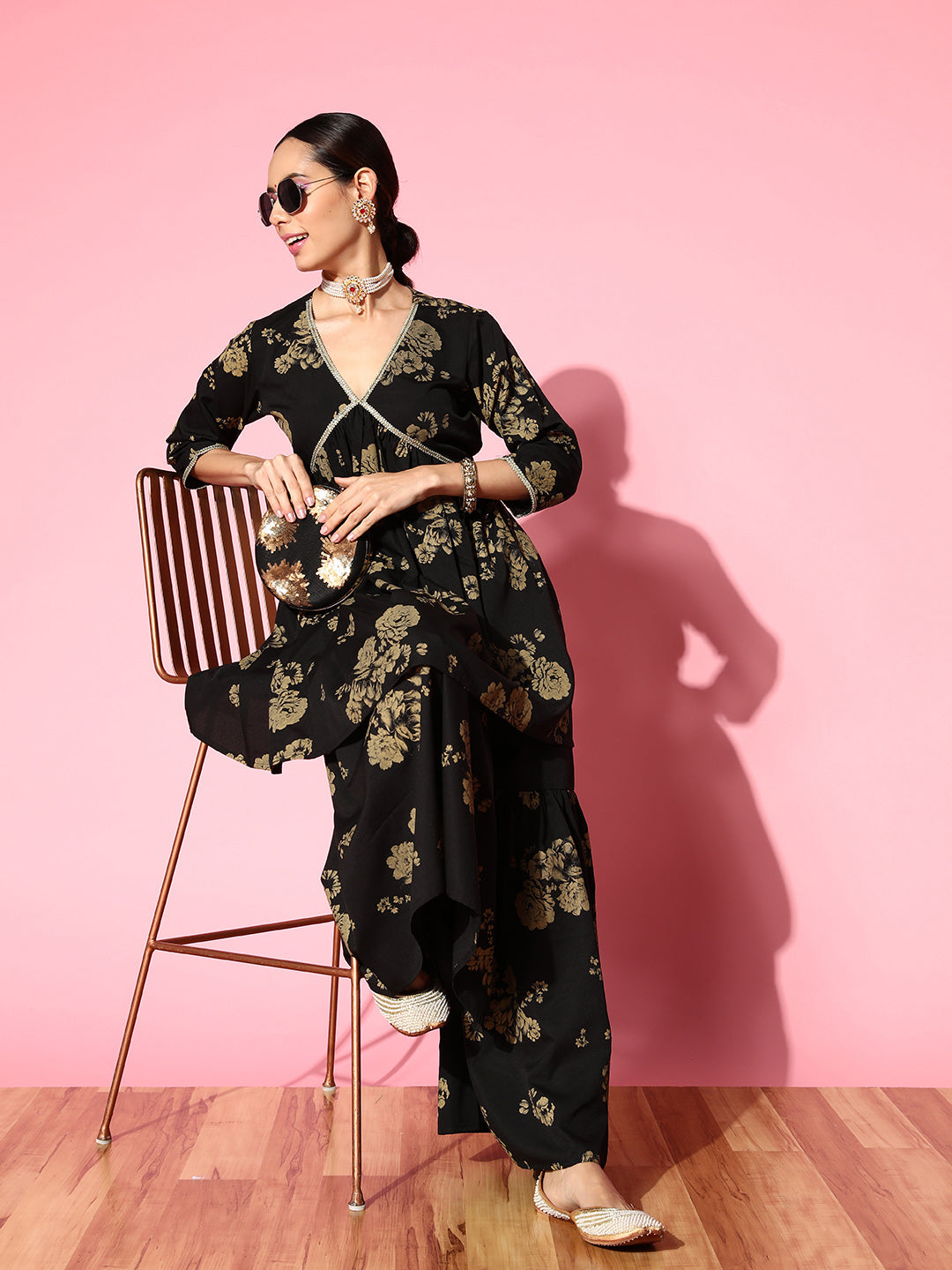 Women's Black Floral Printed Empire Gotta Patti Sharara Set