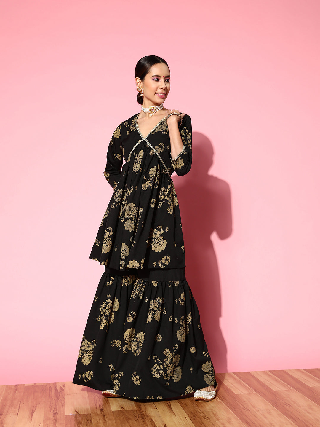 Women's Black Floral Printed Empire Gotta Patti Sharara Set