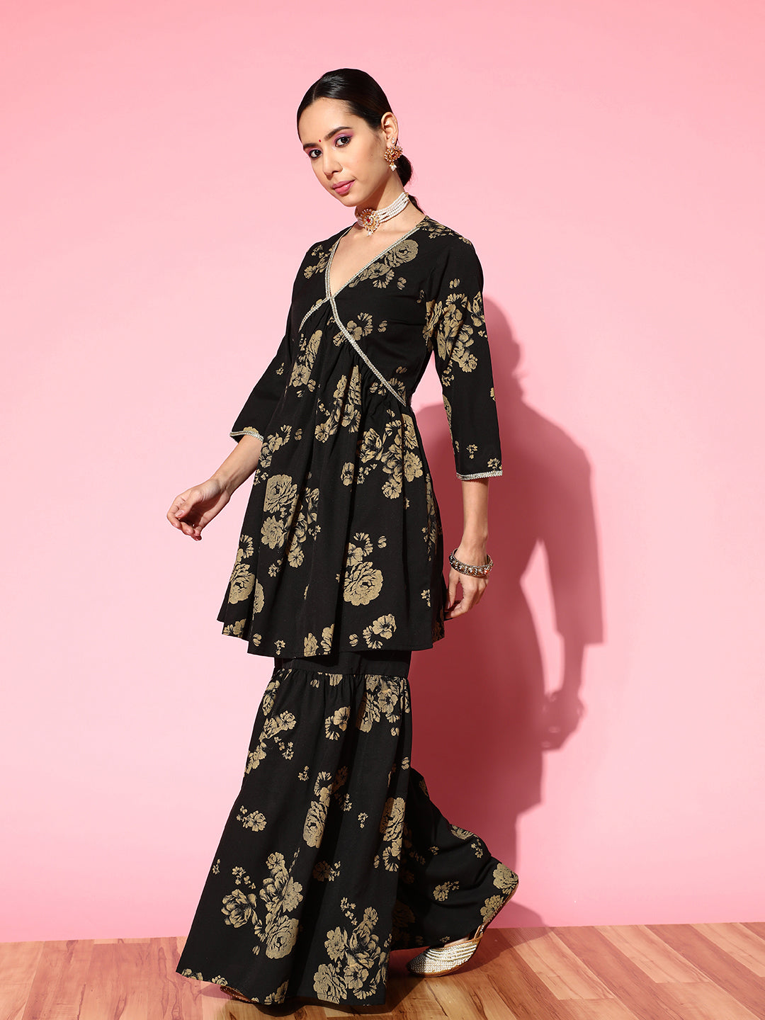 Women's Black Floral Printed Empire Gotta Patti Sharara Set