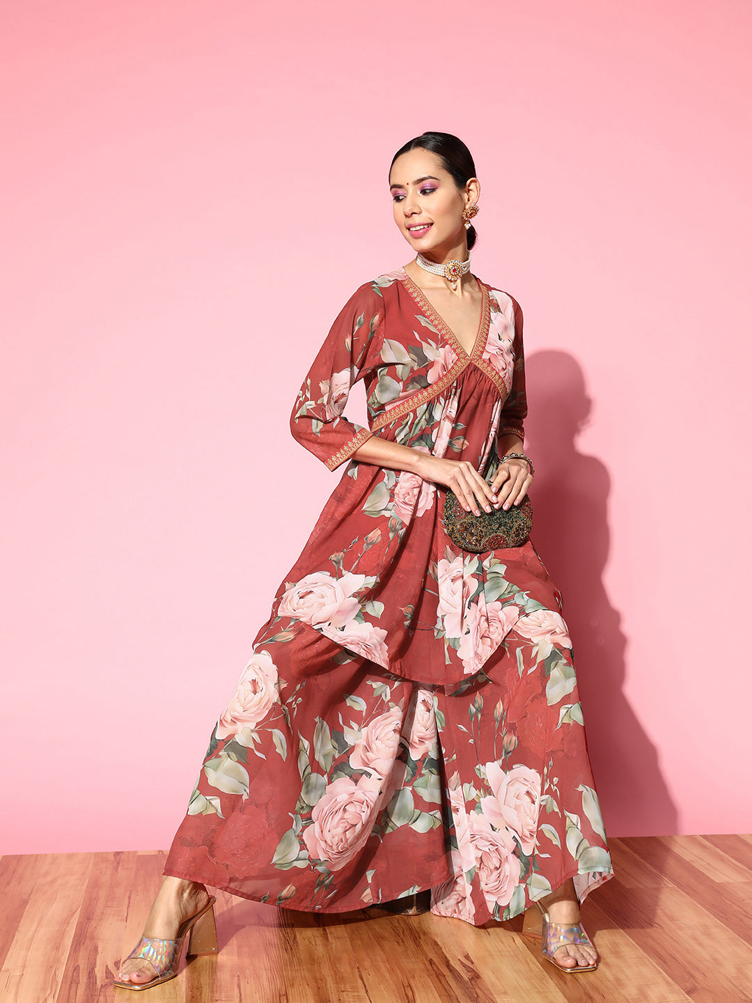 Women's Red Floral Printed Empire Sharara Set