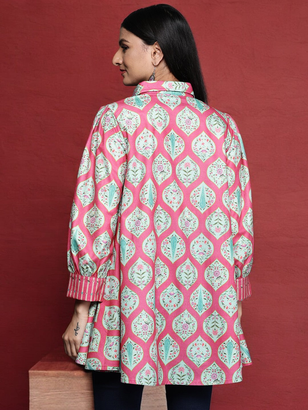 Ahalyaa Fuchsia Shirt Collar Velvet Digital Printed Tunic