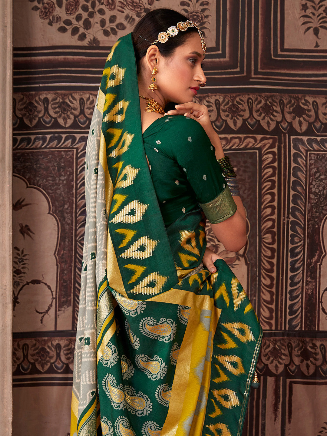 Tussar Silk Grey Printed Designer Saree With Blouse