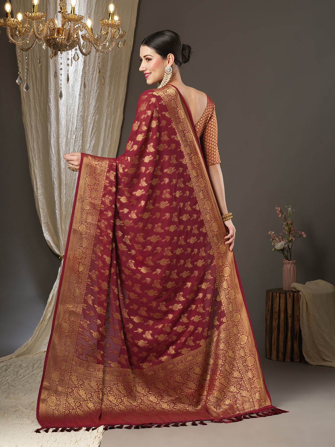 Georgette Maroon Woven Design Designer Saree With Blouse