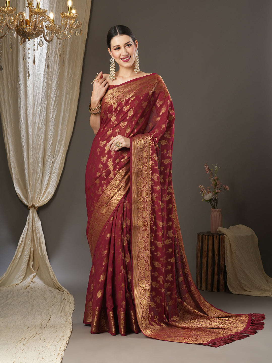 Georgette Maroon Woven Design Designer Saree With Blouse